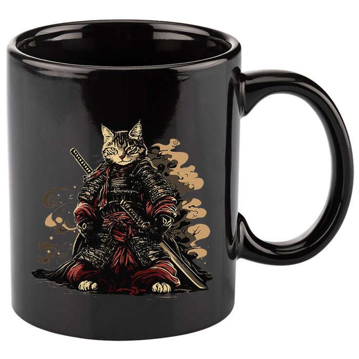 Samurai Cat Japanese Graphic Art Anime Warrior Cat Lover 11oz C Handle Ceramic Mug