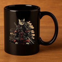 Samurai Cat Japanese Graphic Art Anime Warrior Cat Lover 11oz C Handle Ceramic Mug