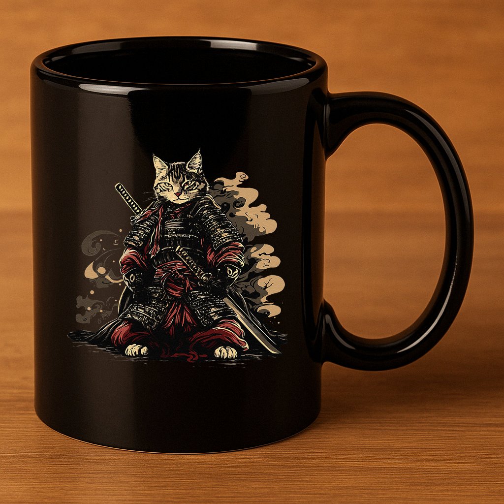 Samurai Cat Japanese Graphic Art Anime Warrior Cat Lover 11oz C Handle Ceramic Mug
