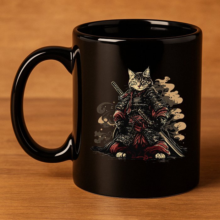 Samurai Cat Japanese Graphic Art Anime Warrior Cat Lover 11oz C Handle Ceramic Mug