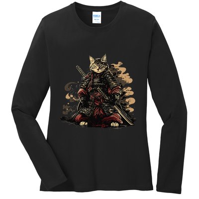 Samurai Cat Japanese Graphic Art Anime Warrior Cat Lover Ladies Long Sleeve Shirt