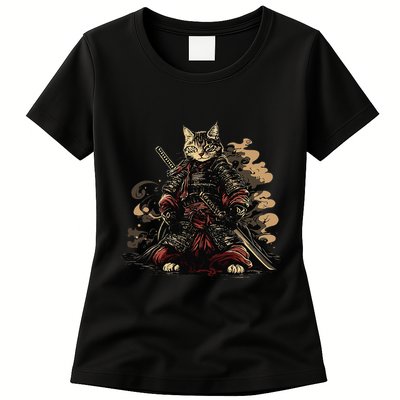 Samurai Cat Japanese Graphic Art Anime Warrior Cat Lover Womens T-Shirt