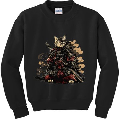 Samurai Cat Japanese Graphic Art Anime Warrior Cat Lover Kids Sweatshirt