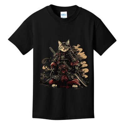 Samurai Cat Japanese Graphic Art Anime Warrior Cat Lover Kids T-Shirt