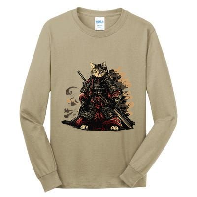 Samurai Cat Japanese Graphic Art Anime Warrior Cat Lover Tall Long Sleeve T-Shirt