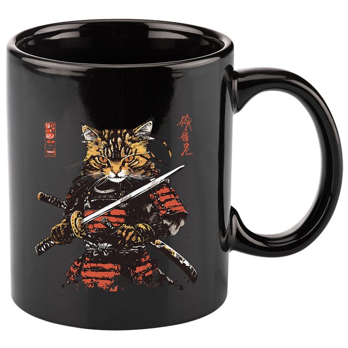 Samurai Cat Japanese Graphic Art Anime Warrior Cat Lover 11oz C Handle Ceramic Mug