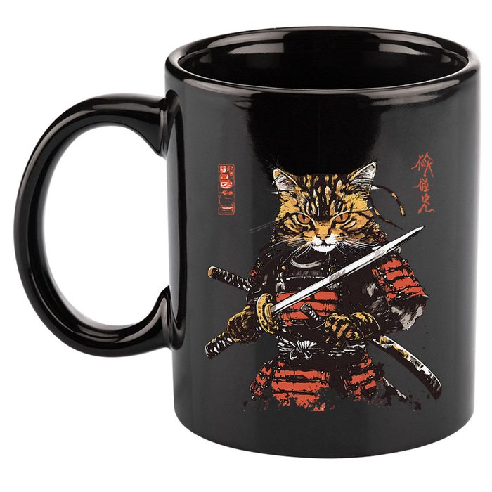 Samurai Cat Japanese Graphic Art Anime Warrior Cat Lover 11oz C Handle Ceramic Mug