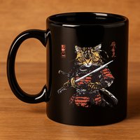 Samurai Cat Japanese Graphic Art Anime Warrior Cat Lover 11oz C Handle Ceramic Mug