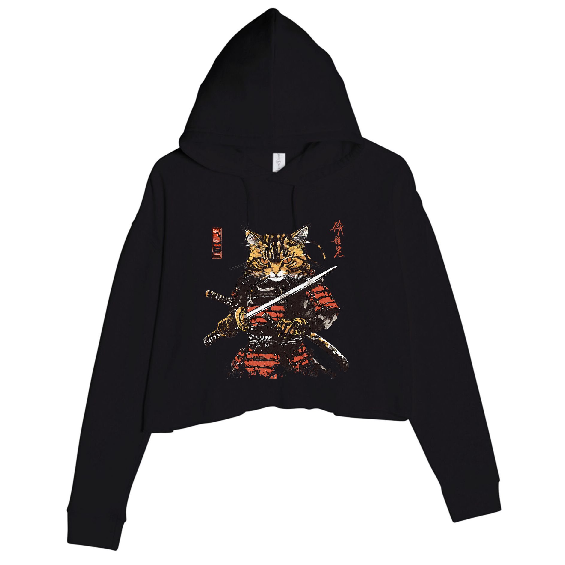 Samurai Cat Japanese Graphic Art Anime Warrior Cat Lover Crop Fleece Hoodie