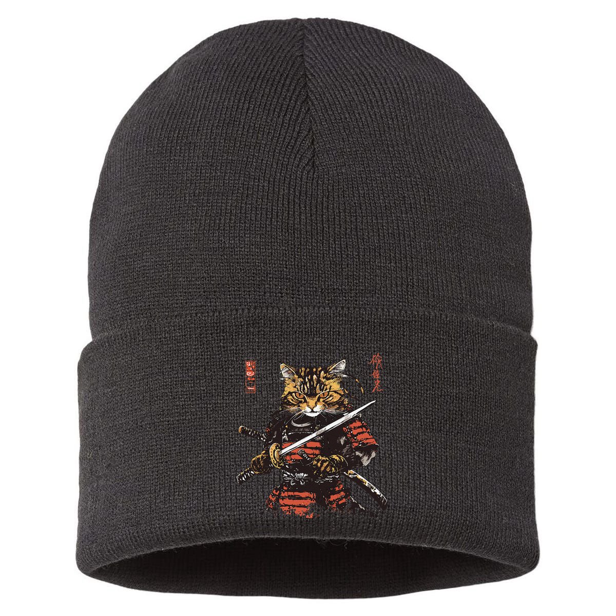 Samurai Cat Japanese Graphic Art Anime Warrior Cat Lover Sustainable Knit Beanie