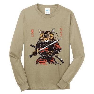 Samurai Cat Japanese Graphic Art Anime Warrior Cat Lover Tall Long Sleeve T-Shirt