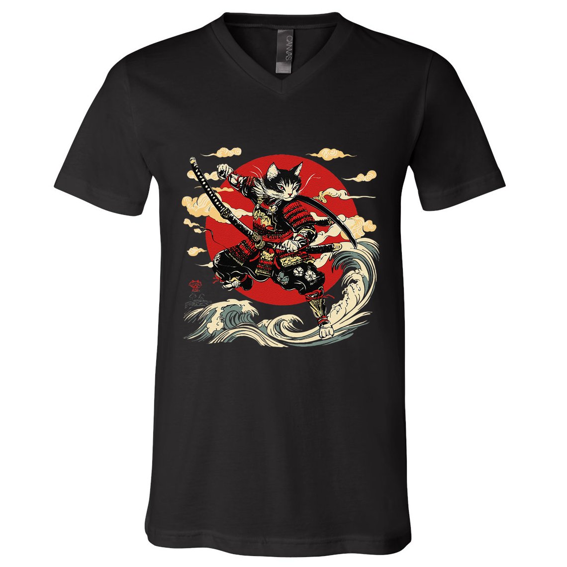 Samurai Cat Japanese Graphic Art Anime Warrior Cat Lover V-Neck T-Shirt