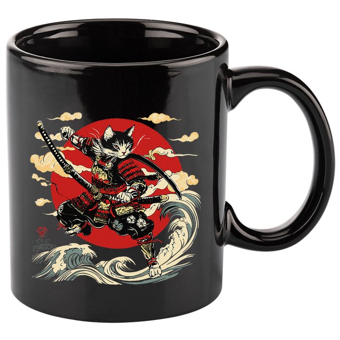 Samurai Cat Japanese Graphic Art Anime Warrior Cat Lover 11oz C Handle Ceramic Mug