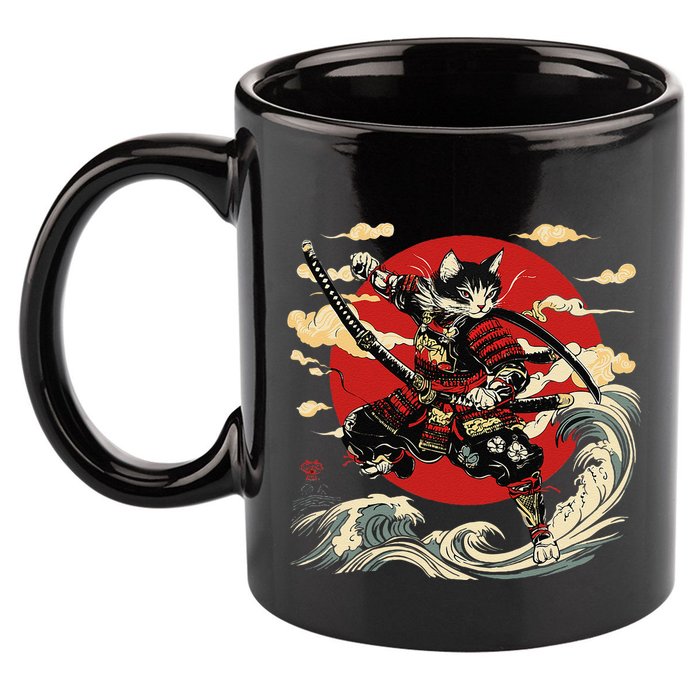 Samurai Cat Japanese Graphic Art Anime Warrior Cat Lover 11oz C Handle Ceramic Mug
