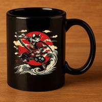 Samurai Cat Japanese Graphic Art Anime Warrior Cat Lover 11oz C Handle Ceramic Mug