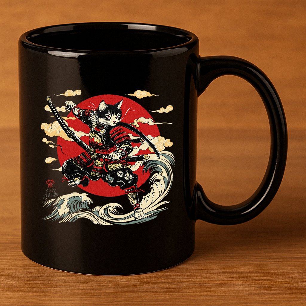 Samurai Cat Japanese Graphic Art Anime Warrior Cat Lover 11oz C Handle Ceramic Mug