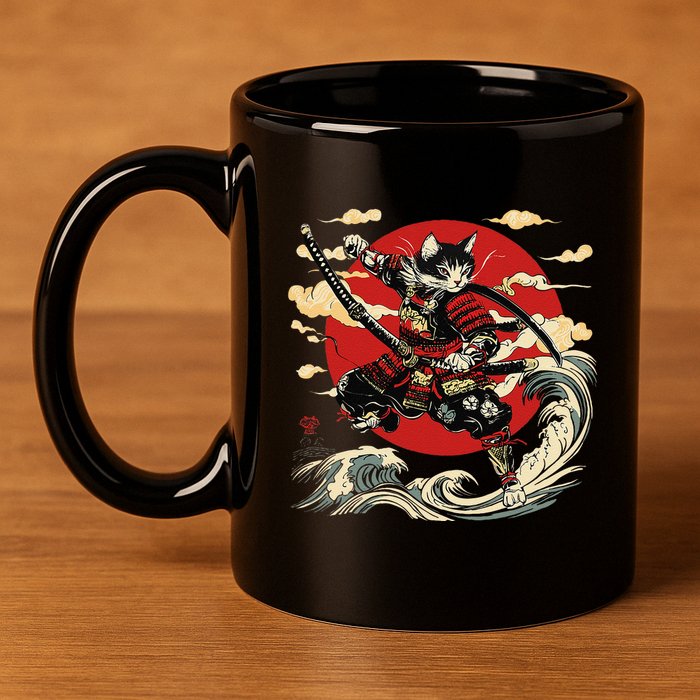 Samurai Cat Japanese Graphic Art Anime Warrior Cat Lover 11oz C Handle Ceramic Mug