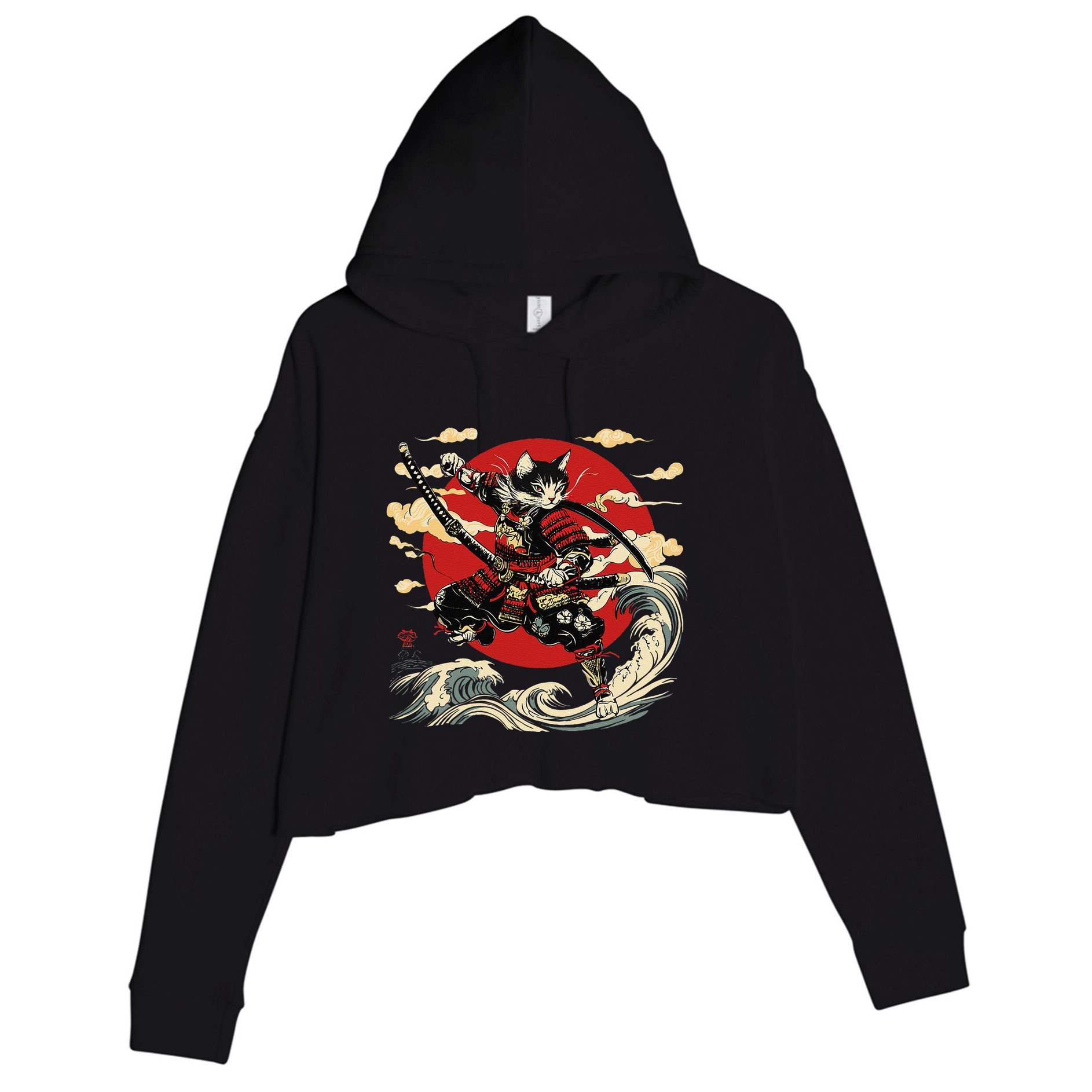 Samurai Cat Japanese Graphic Art Anime Warrior Cat Lover Crop Fleece Hoodie