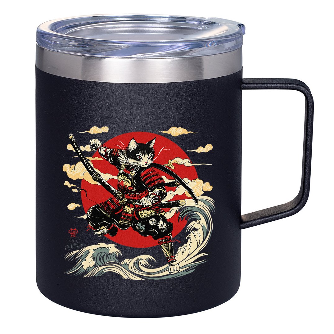 Samurai Cat Japanese Graphic Art Anime Warrior Cat Lover 12oz Stainless Steel Coffee Mug