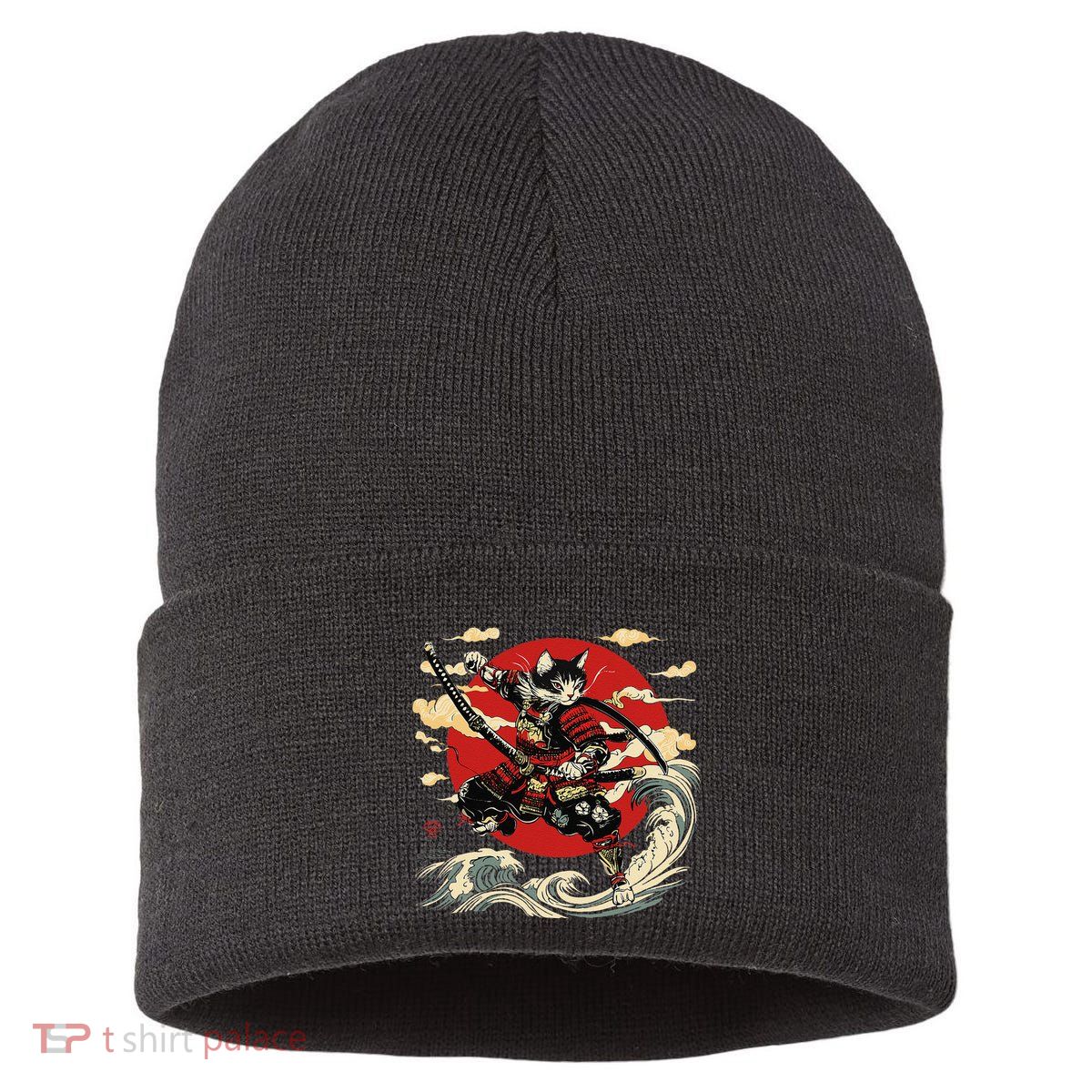 Samurai Cat Japanese Graphic Art Anime Warrior Cat Lover Sustainable Knit Beanie