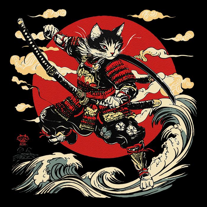 Samurai Cat Japanese Graphic Art Anime Warrior Cat Lover Pom Pom 12in Knit Beanie