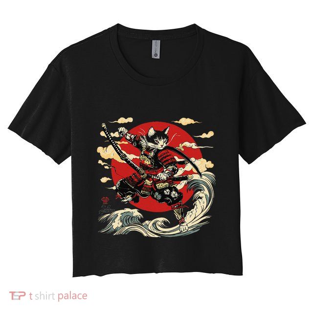 Samurai Cat Japanese Graphic Art Anime Warrior Cat Lover Crop Top