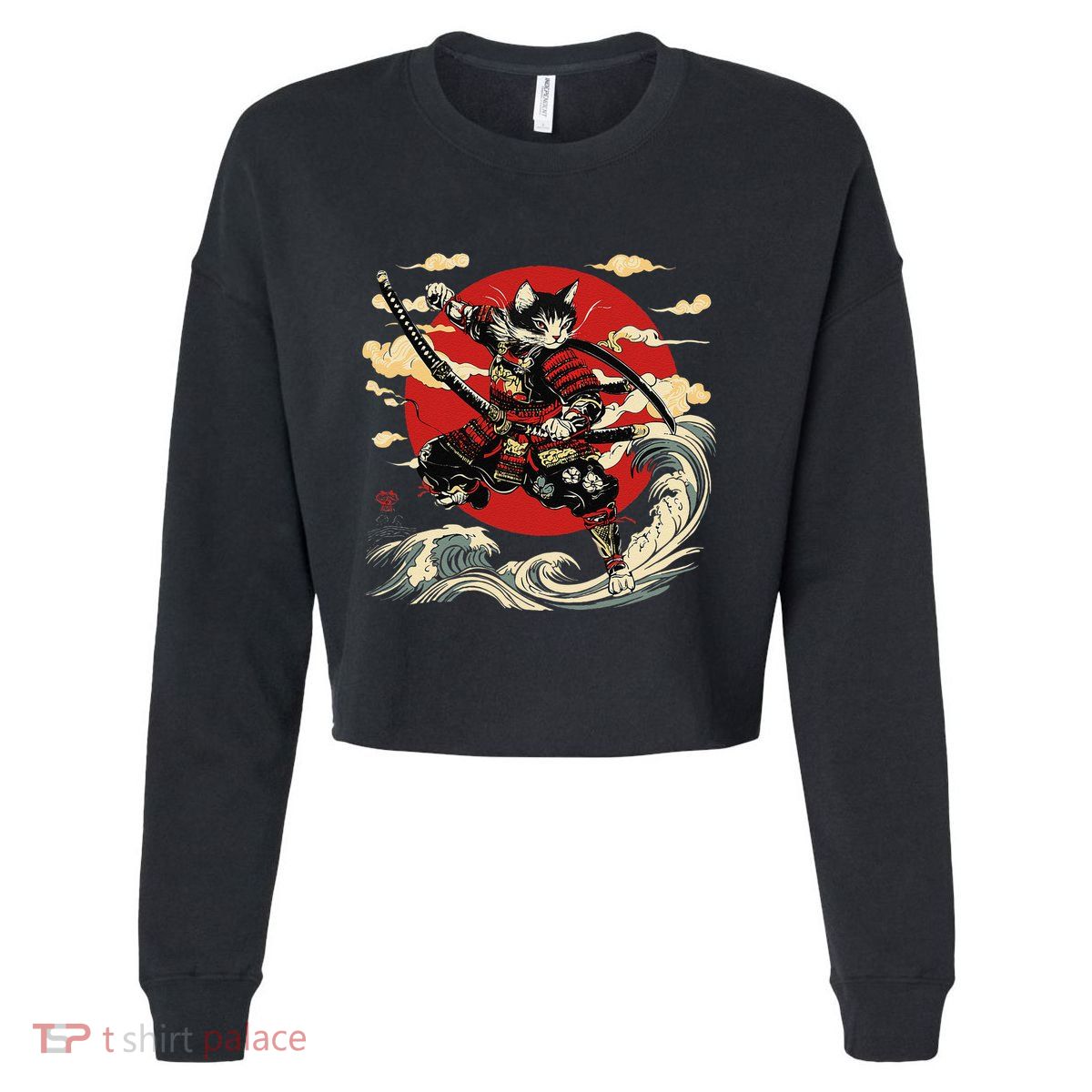 Samurai Cat Japanese Graphic Art Anime Warrior Cat Lover Cropped Pullover Crew