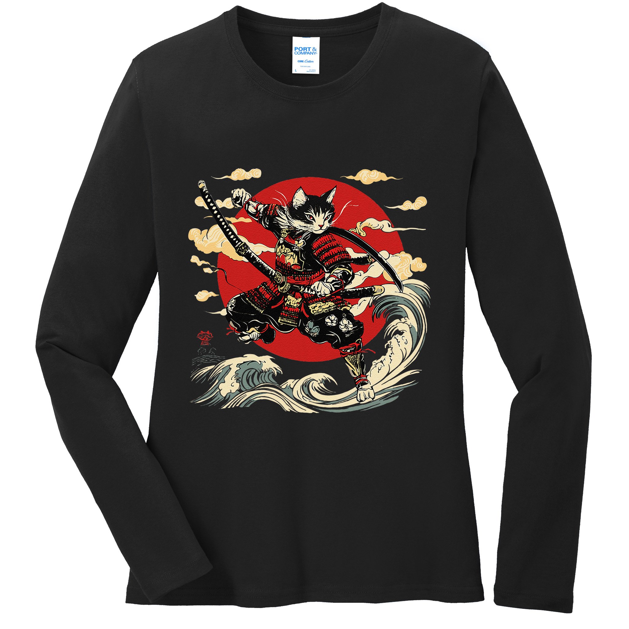 Samurai Cat Japanese Graphic Art Anime Warrior Cat Lover Ladies Long Sleeve Shirt