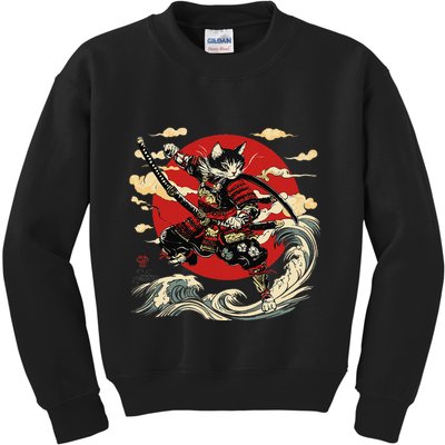 Samurai Cat Japanese Graphic Art Anime Warrior Cat Lover Kids Sweatshirt