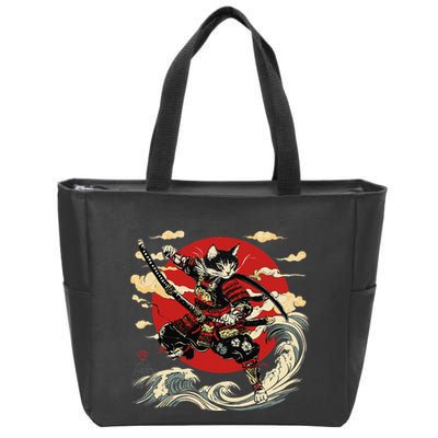 Samurai Cat Japanese Graphic Art Anime Warrior Cat Lover Zip Tote Bag