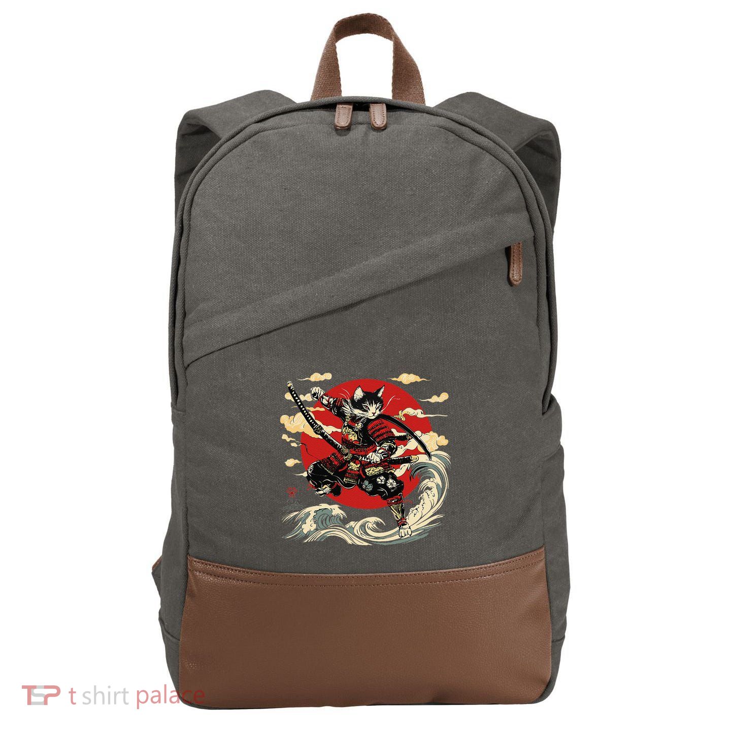 Samurai Cat Japanese Graphic Art Anime Warrior Cat Lover Cotton Canvas Backpack
