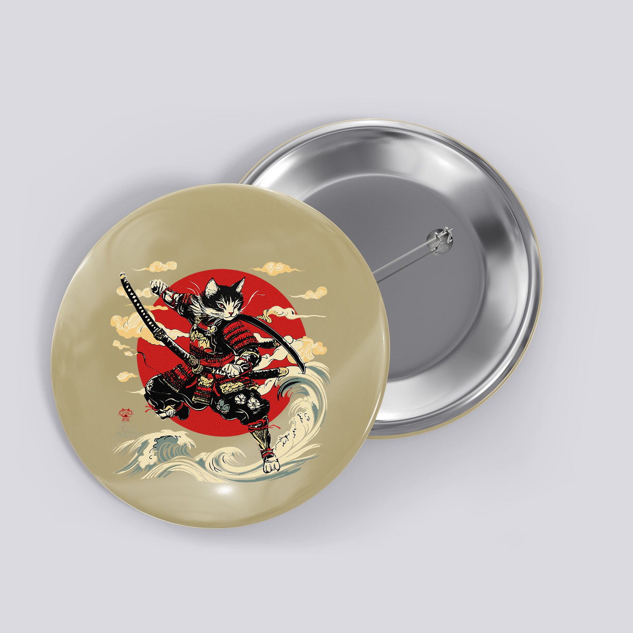 Samurai Cat Japanese Graphic Art Anime Warrior Cat Lover Button