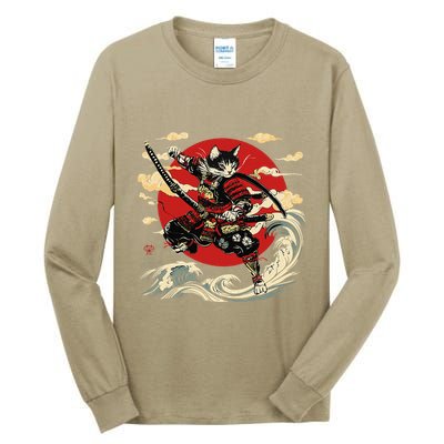 Samurai Cat Japanese Graphic Art Anime Warrior Cat Lover Tall Long Sleeve T-Shirt