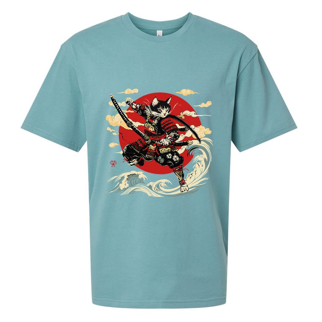 Samurai Cat Japanese Graphic Art Anime Warrior Cat Lover Sueded Cloud Jersey T-Shirt