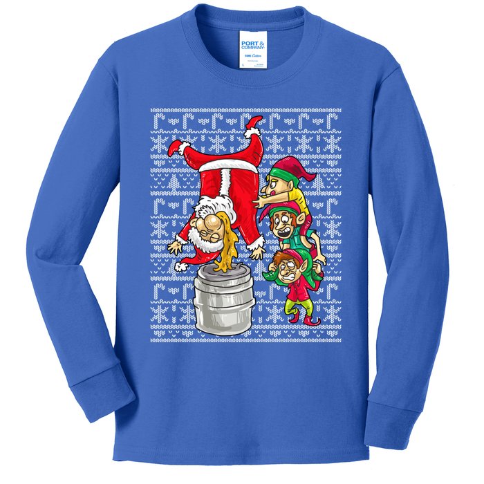 Santa Claus Keg Stand Beer Elves Ing Humor Christmas Gift Kids Long Sleeve Shirt