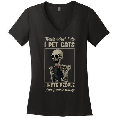 Skeleton Cat Kitten Lover Grumpy Skull Kitty Pet Owner Women's V-Neck T-Shirt