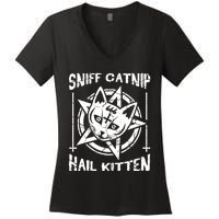 Sniff Catnip Kitten Death Metal Cat Rock Music Women's V-Neck T-Shirt