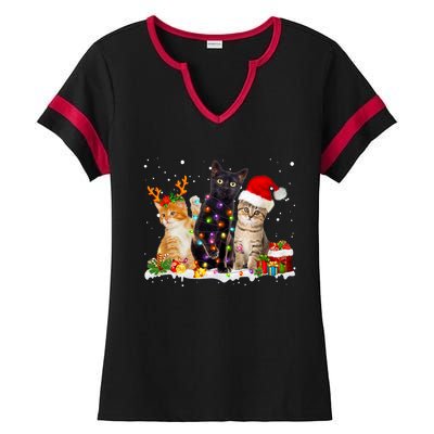 Santa Cat Light Gorgeous Reindeer Pajama Christmas Cat Lover Ladies Halftime Notch Neck Tee