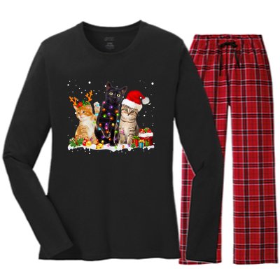 Santa Cat Light Gorgeous Reindeer Pajama Christmas Cat Lover Women's Long Sleeve Flannel Pajama Set 