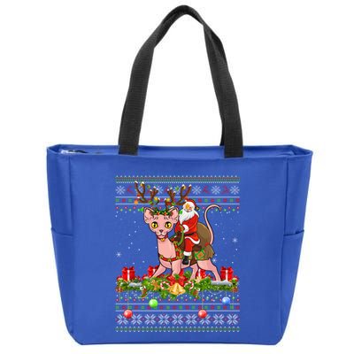 Sphynx Cat Lover Xmas Ugly Santa Riding Sphynx Cat Christmas Gift Zip Tote Bag