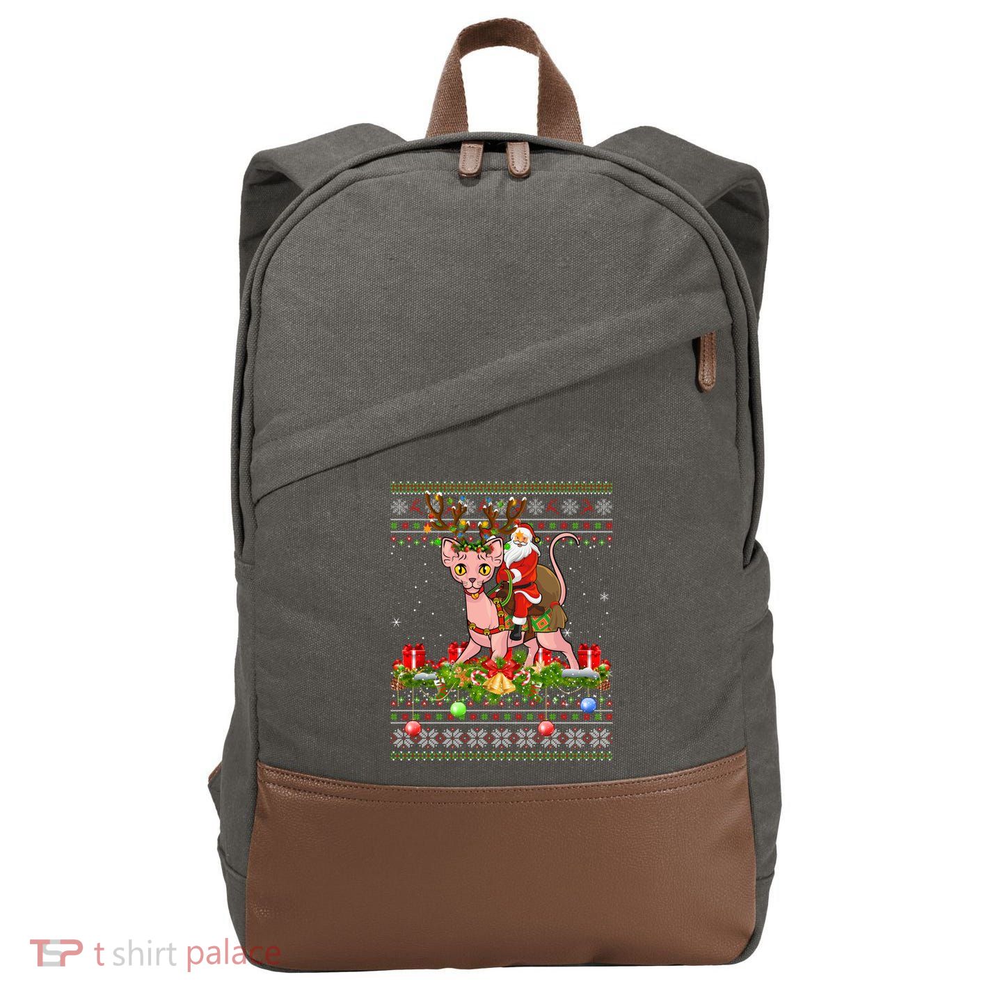 Sphynx Cat Lover Xmas Ugly Santa Riding Sphynx Cat Christmas Gift Cotton Canvas Backpack