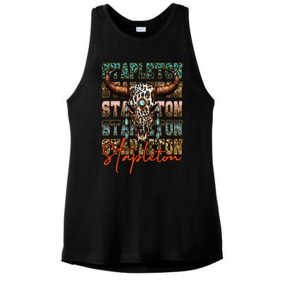 S.T.A.P.L.E.T.O.N Cow & Leopard Distressed Music Country 80s Ladies PosiCharge Tri-Blend Wicking Tank