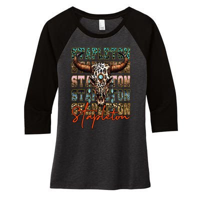 S.T.A.P.L.E.T.O.N Cow & Leopard Distressed Music Country 80s Women's Tri-Blend 3/4-Sleeve Raglan Shirt