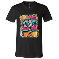 Serape Cactus Leopard Cow Pattern Print Cowgirl Rodeo V-Neck T-Shirt