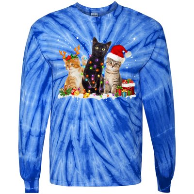 Santa Cat Light Gorgeous Reindeer Pajama Christmas Cat Lover Gift Tie-Dye Long Sleeve Shirt