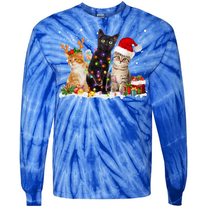 Santa Cat Light Gorgeous Reindeer Pajama Christmas Cat Lover Gift Tie-Dye Long Sleeve Shirt