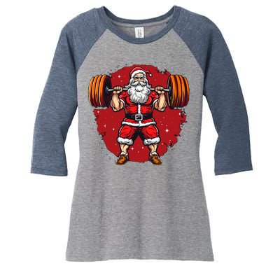 Santa Claus Loves Lifting Weights Women's Tri-Blend 3/4-Sleeve Raglan Shirt