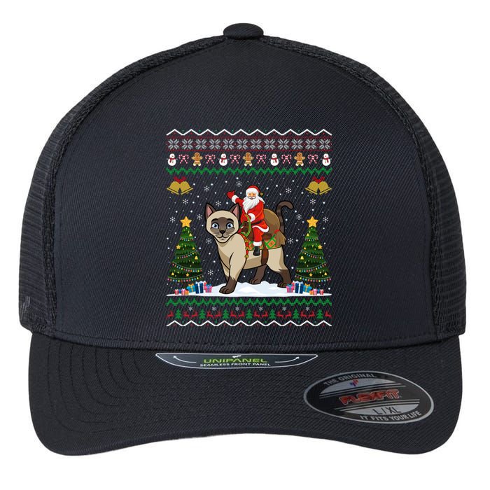 Siamese Cat Lover Santa Riding Siamese Cat Ugly Christmas Flexfit Unipanel Trucker Cap