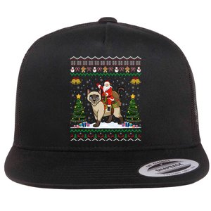 Siamese Cat Lover Santa Riding Siamese Cat Ugly Christmas Flat Bill Trucker Hat