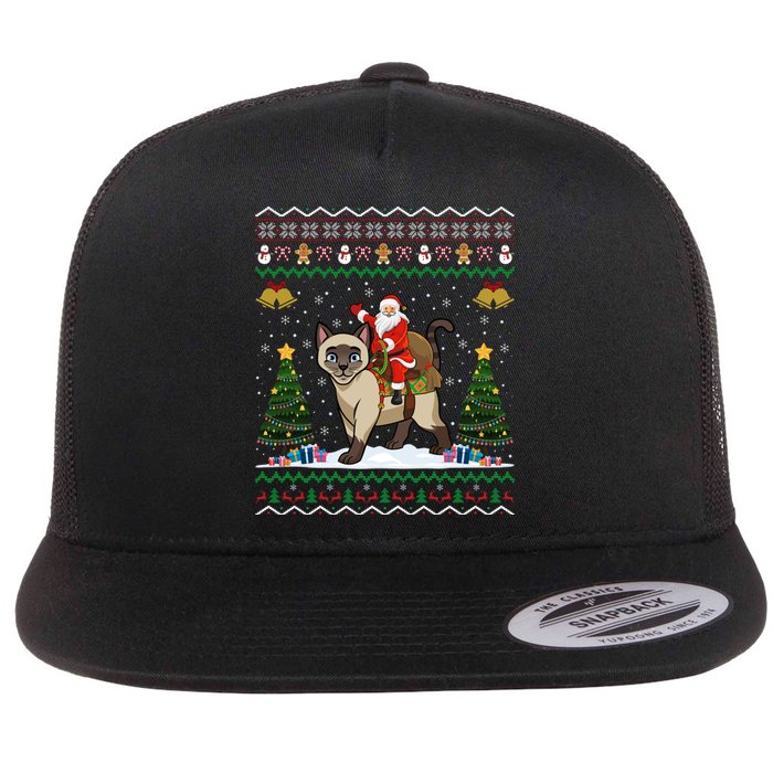 Siamese Cat Lover Santa Riding Siamese Cat Ugly Christmas Flat Bill Trucker Hat